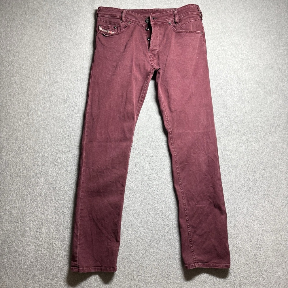 Diesel Iakop Jeans Men 31x31 Burgundy Regular Slim Tapered Fit Stretch Whiskered